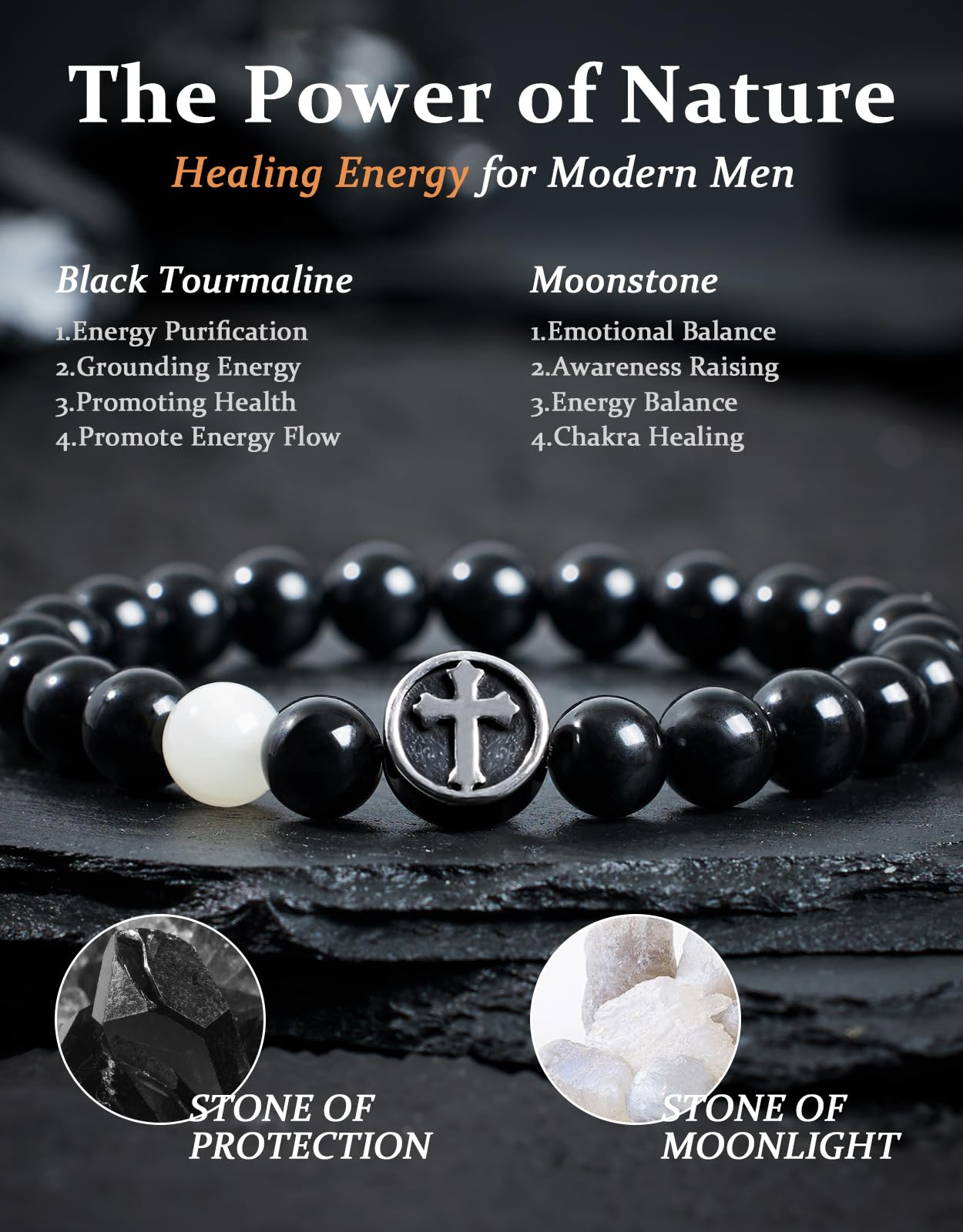 Landorilo Gifts for Men, 8mm Cross Natural Stone Beaded Bracelets, Black Tourmaline Healing Bracelet, Handmade Mens Jewelry Gift for Him, Husband, Son, Father, Friend(To My Son-8.3in)