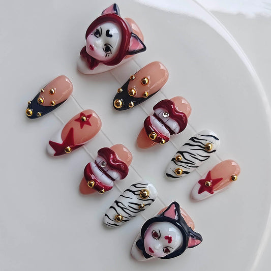 Gleamrain Edgy Almond Handmade Press on Nails Medium Length for Women M Size, Handcrafted Star Design Reusable Full Cover Fake Nail for Party Birthday Holiday Halloween D320
