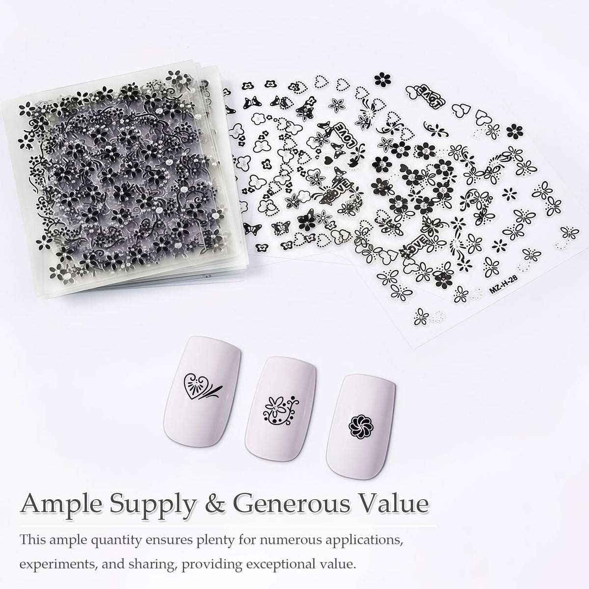 30 Sheets Black Flower Art Nail Stickers for Women Girls, 3D Rhinestones Self-Adhesive Decals Supplies, Floral Butterfly Heart Designs Accessories Decorations