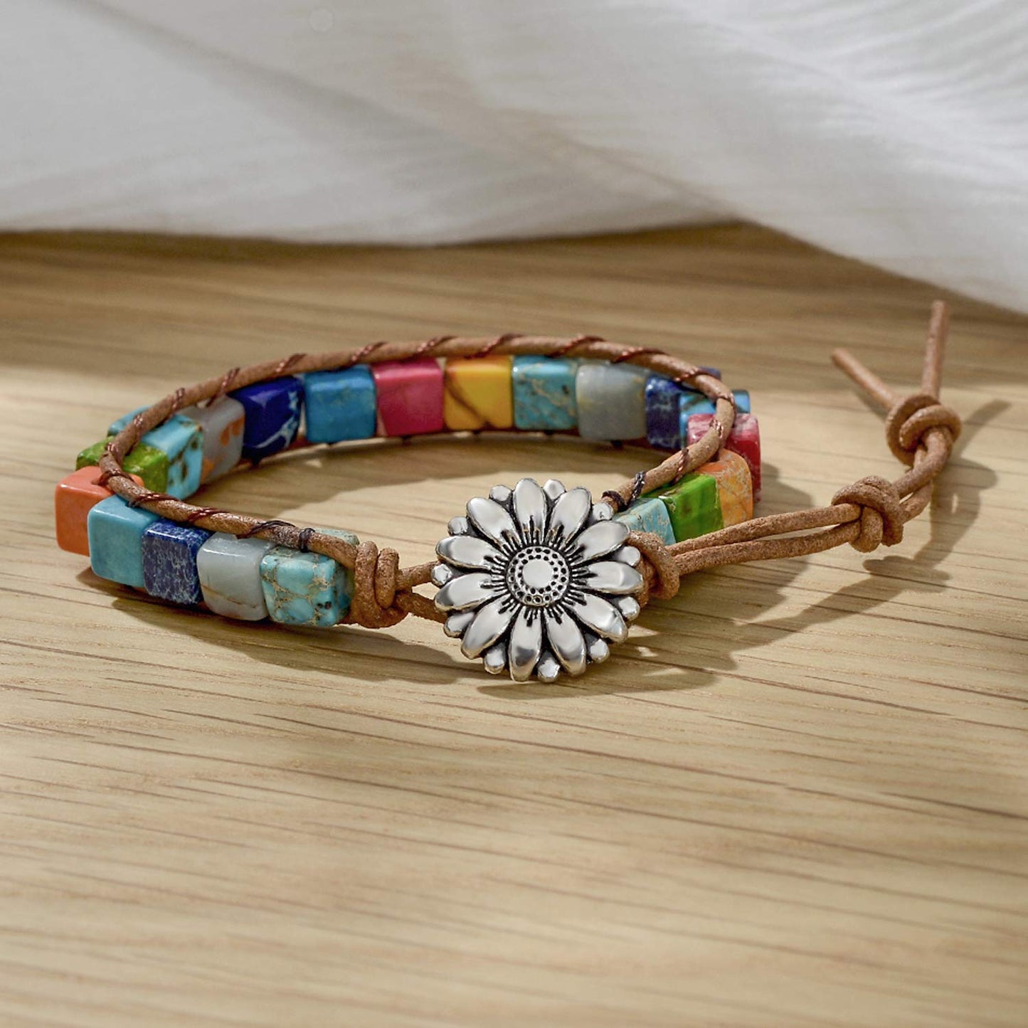sedmart 7 Chakra Bracelets for Women with Real Stones Leather Wrap Healing Bead Bracelet Women Men Boho Friendship Jewelry… (Flower Button & Square Stone)