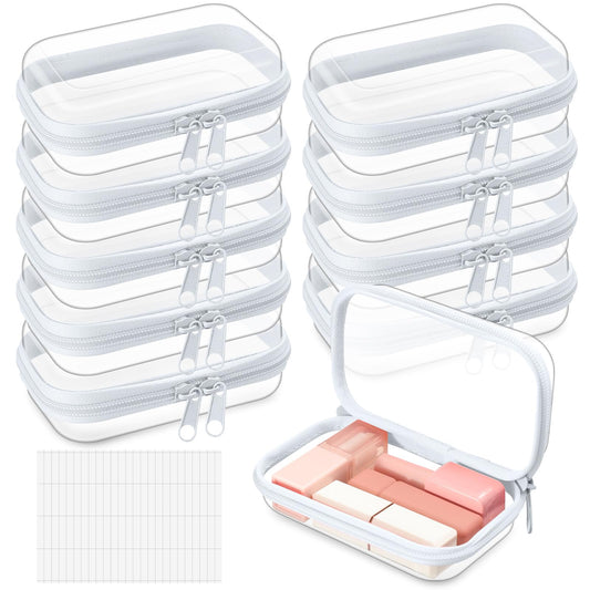 Sanwuta 10 Pcs Hard Zipper Case Clear Hard Pouches Plastic Zipper Pencil Box Toy Storage Bins Portable Plastic Container for Travel Toiletry Office Cosmetic Block Puzzle Organizer(Xs,Clear)