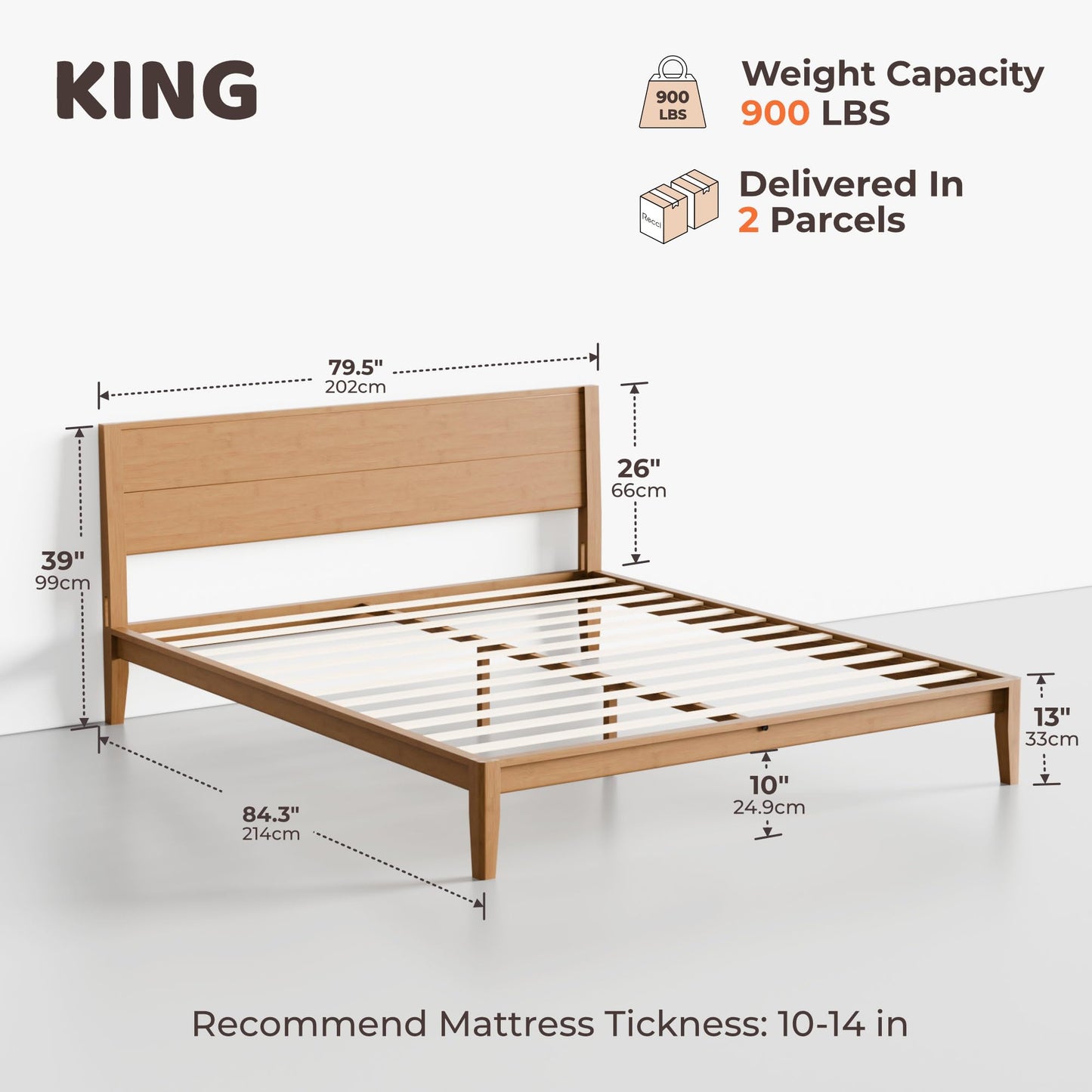 RECCI King Japanese Joinery Platform Bed Frame, Mid-Century with Tall Headboard, Noise-Free Solid Bamboo Wood Sustainable, Sturdy Slat Support with Heavy Duty, Tool-Free Assembly, 10-Inch Storage