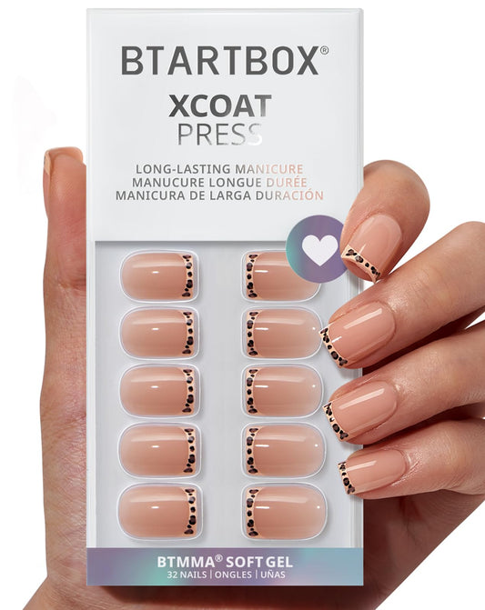 BTArtbox Press On Nails Short - Dangerous Game, Square Leopard French Tip Press On Nails with Glue and Adhesive Tabs for Women, Soft Gel Glue On Nails in 16 Sizes - 32 Stick On Nails Kit