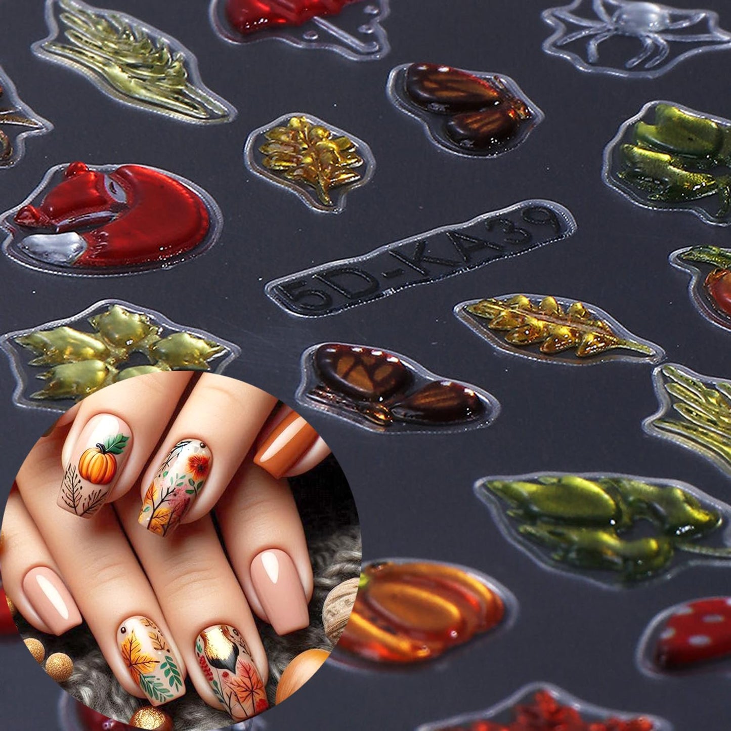 2Sheet Thanksgiving Nail Art Stickers 5D Embossed Autumn Maple Leaves Pumpkin Designs Nail Decals Self-Adhesive Fall Fruit Fox Nail Sticker Butterfly Mushroom Nail Decal for Women Nails Decor Supplies