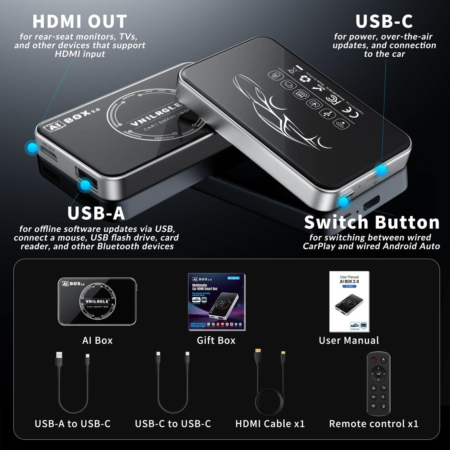 VNILRGLE 4-in-1 Wireless CarPlay Adapter & Android Car Wireless Adapter, Compatible with Streaming Services Like Netflix and YouTube, Split-Screen and Mirroring Functions(Silver)
