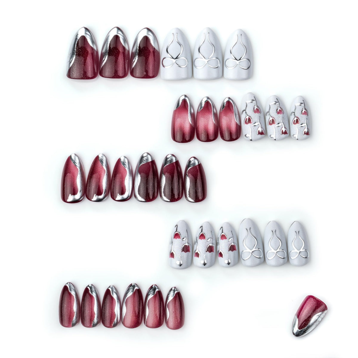 Medium Press on Nails Almond Fake Nails Red Acrylic Nail Press Ons Seeneey Bow and Flowers Designs Cat eye Stick on Nail for Women 30pcs