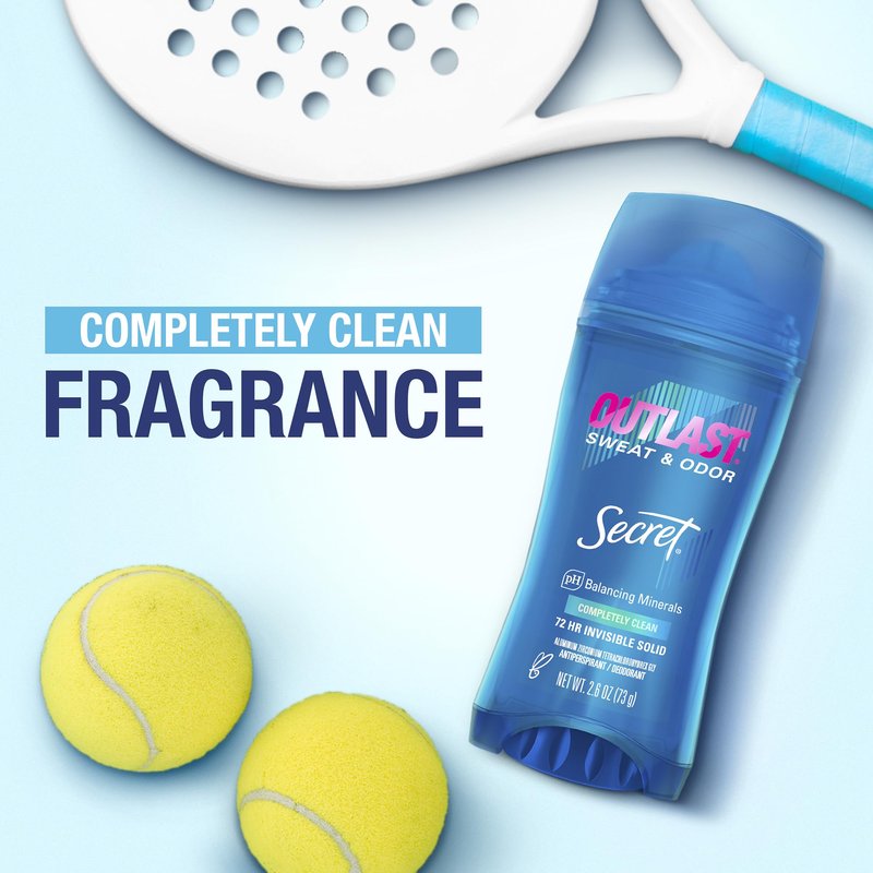 Secret Outlast Antiperspirant Deodorant for Women, 72hr Sweat & Odor Protection, PH Balancing Minerals, Invisible Solid, Completely Clean Scent, 2.6 oz