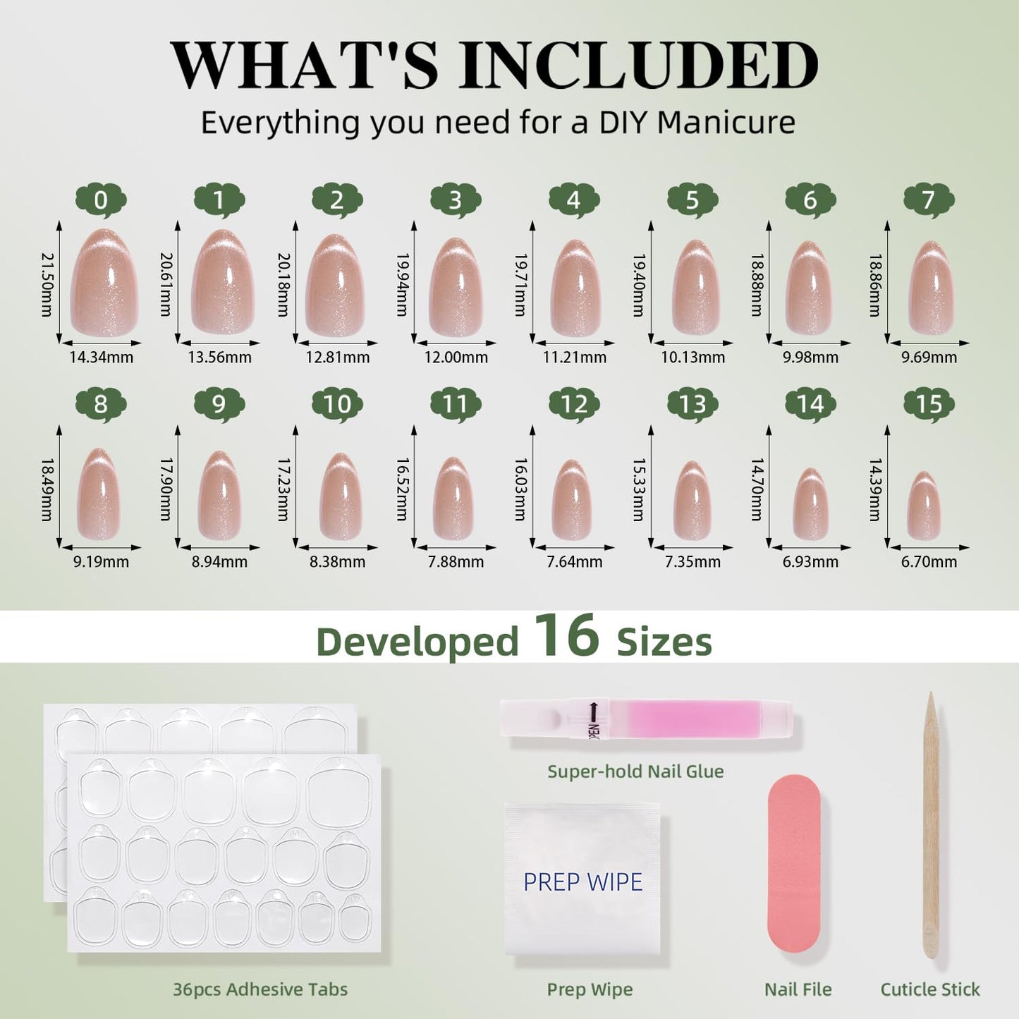 Cat Eye French Tip Press On Nails Almond - Nude Short Almond Fake Nails, Nude Cateye Press On Nails Reusable Stick On Nails in 16 Sizes, 32pcs False Nail Kit for Women & Girls(Veil of Light)