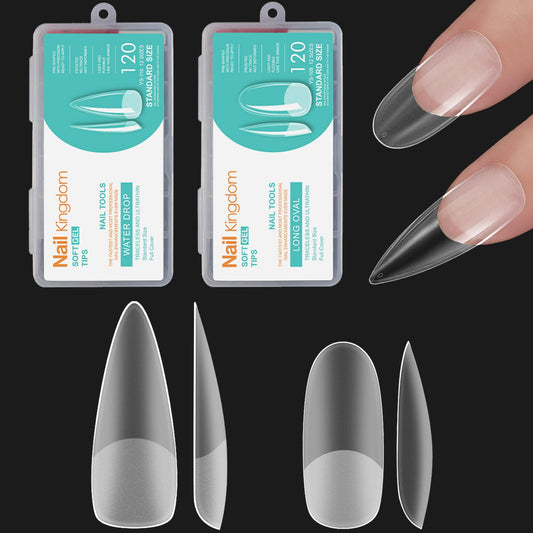 2 Shapes Soft Gel Nail Tips Long Stiletto Oval Full Cover Acrylic Nails Kit, Pre-buff Inside & Full Matte Surface, for Nail Extensions DIY Art Beginners/Professionals Salon, Easy Soak Off, BlueZOO