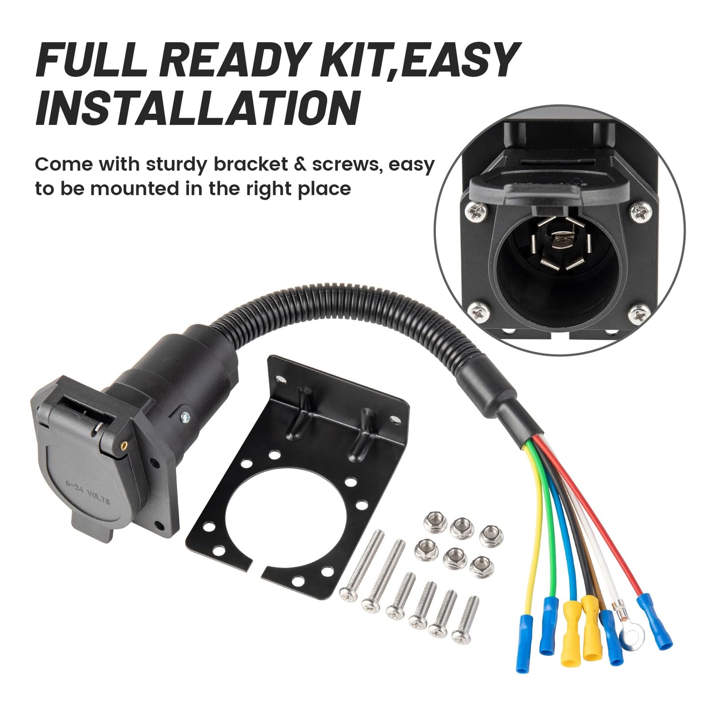 MECMO 7 Way RV Trailer Light Connector Socket 7 Pin Wire Electrical Trailer Adapter Quick Converter with Mounting Bracket, Truck End Quick-Install 7 Prong Universal Pigtail Wiring Harness Vehicle Side