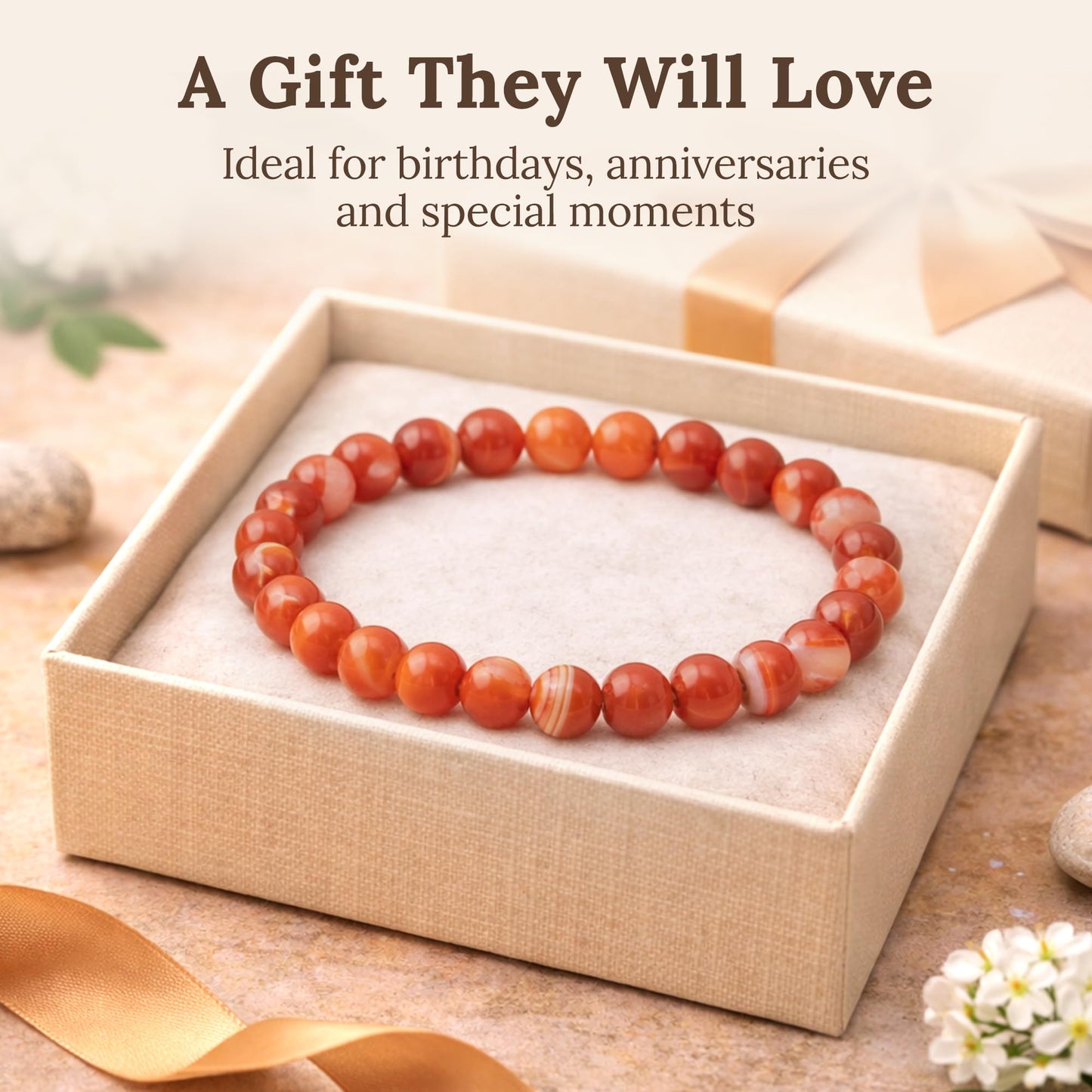 Elm City Direct 8mm Natural Stone Beaded Bracelet – Unisex Crystal Stretch Bracelets for Men & Women, Chakra & Healing Jewelry, Gift-Ready Beaded Bracelets (Red Sardonyx, 8mm)