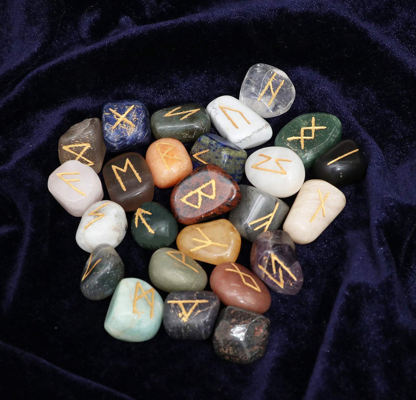 Crocon Mix Chakra Rune Tumble Shape Gemstone Rune with Elder Futhark Alphabet Engraved | 25 pcs Runes Set | Crystal Divination Healing Chakra Reiki | with a Pouch| Size : 25-30 mm