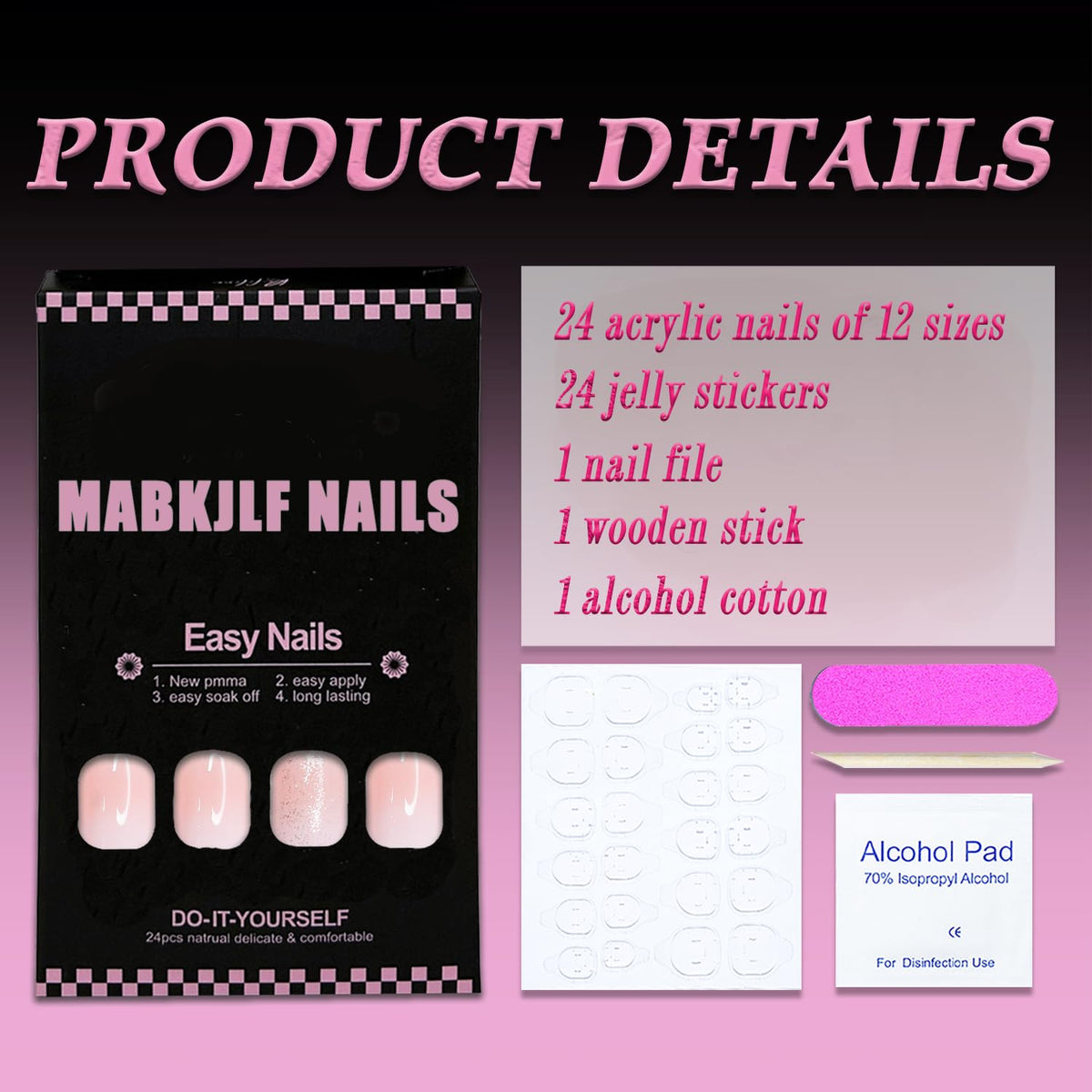Ombre Press on Nails Short Square MABKJLF Fake Nails Pink&White False Nails with Glitter Designs Full Cover Glossy Glue on Nails Natural Nails Stick on Nails for Women Girls 24 Pcs
