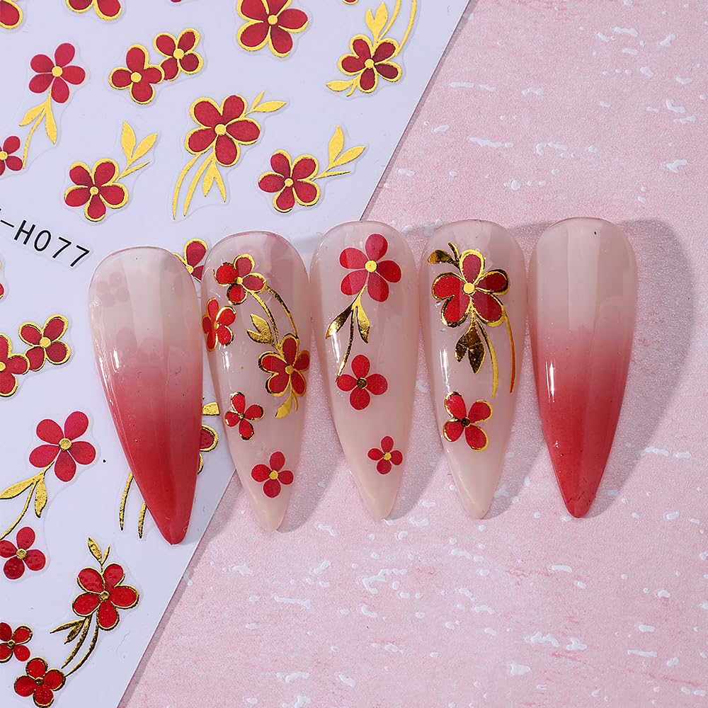 Red Flower Nail Art Sticker Decal 6Pcs 3D Elegant Self-Adhesive Nail Stickers Golden Trim Nail Decal Red Floral Nail Supply Spring Summer Flower Nails Design for Women Manicure DIY Decoration