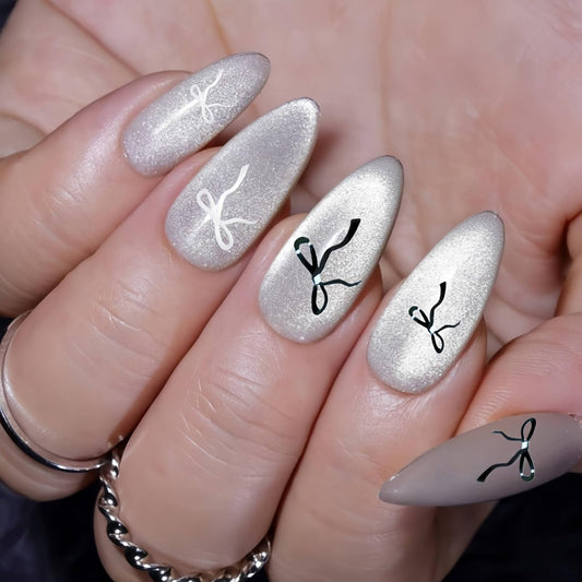Silver Cat Eye Press on Nails - Medium Almond Fake Nails with Bow Designs False Nails Glitter Glue on Nails Reusable Full Cover Stick on Nails for Women Manicure 24Pcs