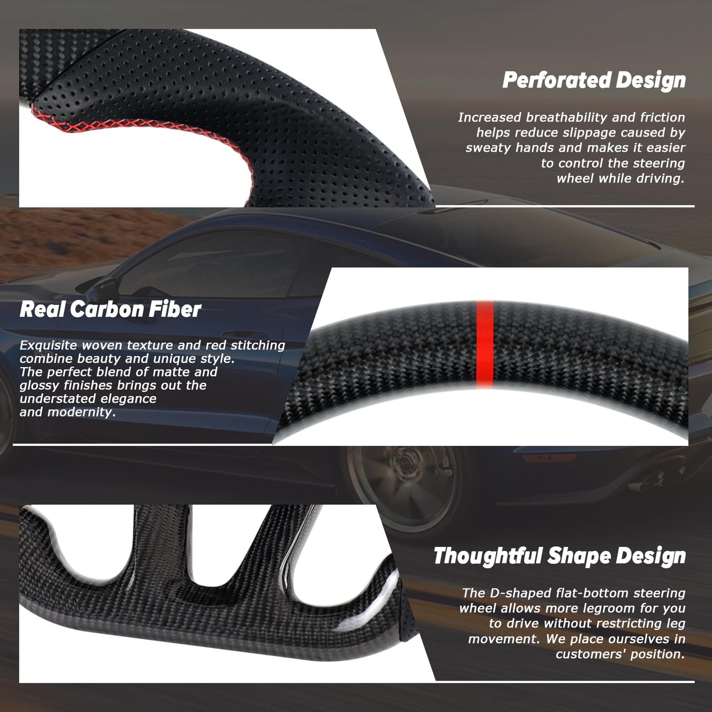 LOSCHEN Steering Wheel for Dodge, 3K Real Carbon Fiber Steering Wheel for Dodge/Jeep Grand Cherokee/SXT/GT/RT/SRT/HELLCAT, Perforated Leather Upgrade D-shaped Flat-bottom