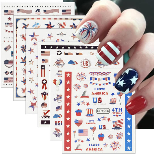 6Pcs Independence Day Nail Art Stickers Patriotic American Flag Heart Balloon Fireworks Nail Design 4th of July Nail Stickers 3D Self-Adhesive Star Nails Decals Decoration for Women DIY Nail Supplies