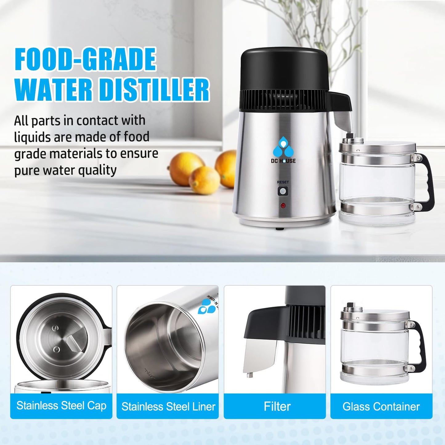 DC House Distilled Water Machine 1 Gallon, Stainless Steel Water Distiller for Home Countertop 110V 750W Purifier for Humidifier Office CPAP with Smart Switch, Glass Pot