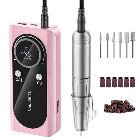 Electric Nail Drill Machine 45,000RPM - Professional Electric and Rechargeable Nail Drill with LCD Display, 6 Bits and 30 Sanding Bands, Low Heat Quiet E-File for Acrylic Gel Nails V9-3
