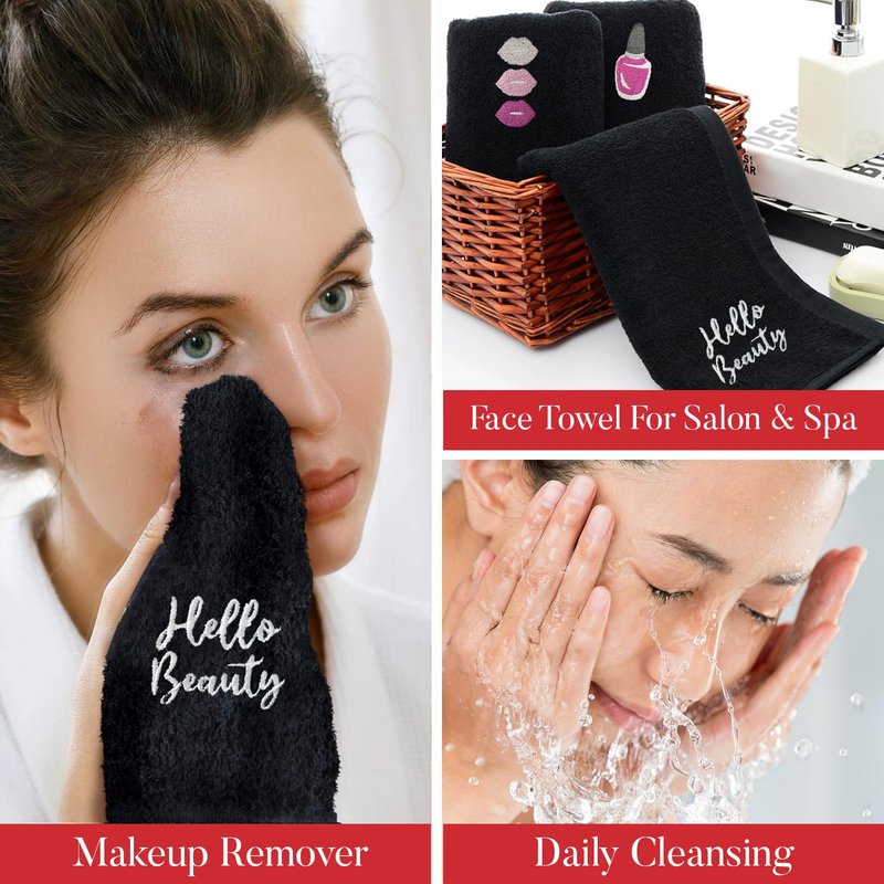 RIVERSIDE Black Makeup Towels - Pack of 6 (13x13) Soft Cotton Makeup Washcloths for Face - Reusable, Quick-Dry Makeup Remover Towels for Bathroom, Spa & Salon - Gentle on Skin - Hello Beauty