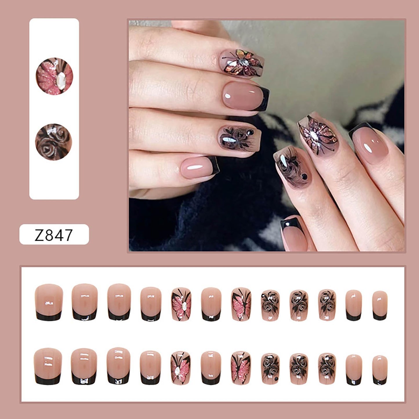 RTKHFZE Short Press on Nails Square Black Butterfly Fake Nails with Design Exquisite Stick on Nails Full Cover Acrylic Glossy Glue on Nails Artificial Nails for Women Manicure Decorations 24Pcs