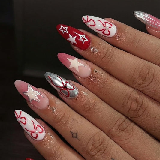 BABALAL Short Almond Press on Nails, Red Silver Chrome Acrylic Nails with Bow and Star Design, Y2K Full Cover Glue on Nails, 24Pcs
