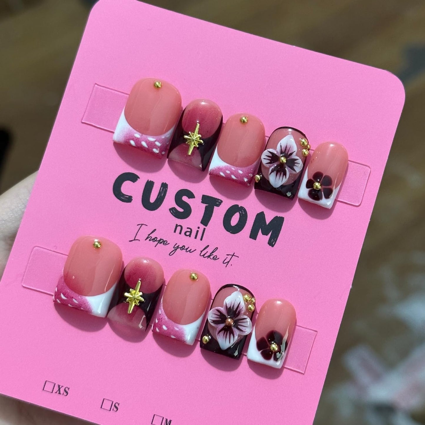 Handmade Press on Nails Square False Nails with 3D Flower & Golden Steel Designs Thicked Fake Nail Gradient Full Cover Muti-Layer Gel Acrylic Nails Red French Tip Stick on Nail for Women (S)