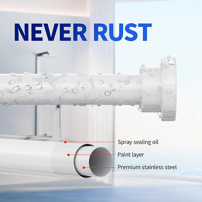 Mcrbeay Shower Curtain Rod, 1" Diameter Heavy Duty Tension Shower Rod, Non Slip Adjustable 28-46 inch No Drilling Shower Curtain Rods Spring Tension For Bathroom, Shower Stall, No Rust, White