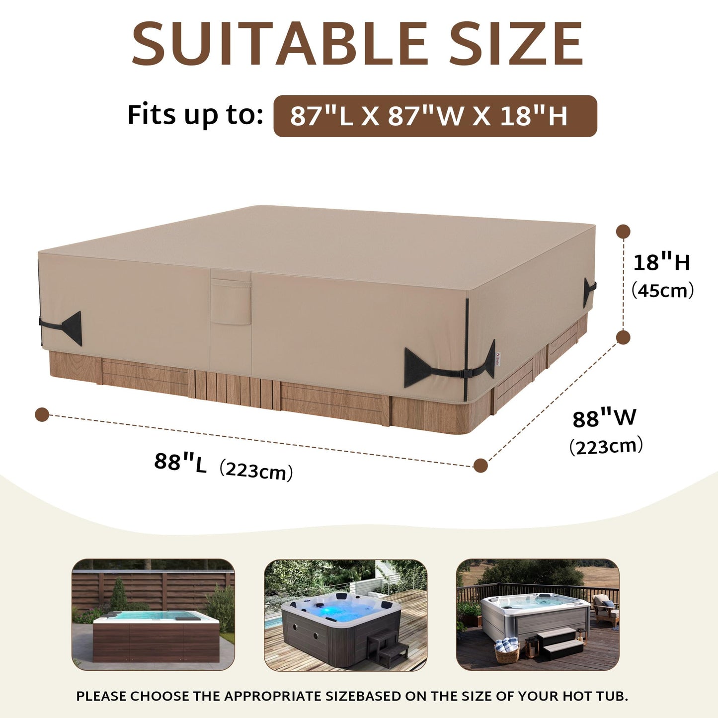 iBirdie Outdoor Waterproof Hot Tub Cover 88 x 88 inch fit 85 x 85 or 86 x 86 or 87 x 87 Square SPA 600D Heavy Duty Weatherproof Cover Protectors Protective Cap, Brown