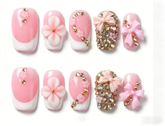 Short Square Press on Nails Handmade 3D Cute Glue on Nails for Women, Luxury Homemade Press on Nail Art Design, Fake Nails with 3D Nail Charms Size M 9