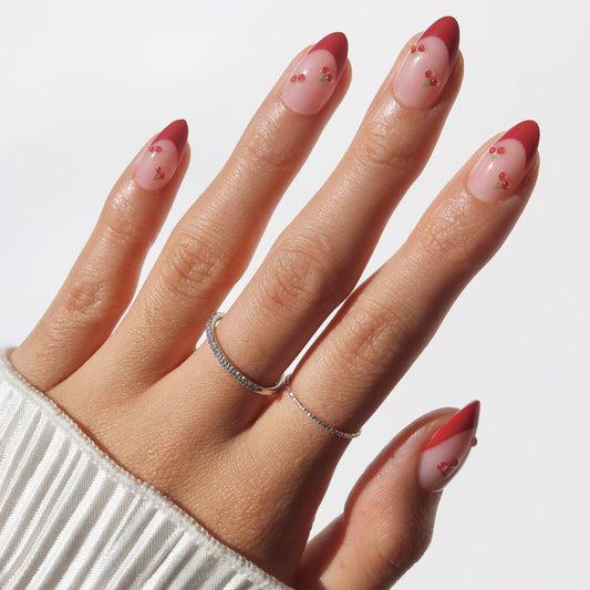 Glamnetic Press On Nails - Cherry Bomb | Short Almond Fake Nails with Glossy Red French Tips & 3D Cherry Accents on Semi-Transparent Base, Salon Quality | 15 Sizes - 30 Nail Kit with Glue