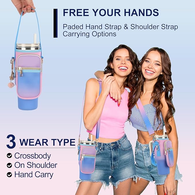 GOEWY Water Bottle Carrier Bag for Stanley 40/30 oz Tumbler with Phone Pocket Neoprene Water Bottle Holder with Shoulder & Handheld Strap Stanley Cup Accessories