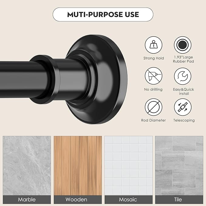 Black Long Curtain Rod Tension Shower Curtain Rods 30 to 130 inch Adjustable Spring Heavy Duty Rods for Bathroom Windows Outdoor Spliced and Telescopic Design No Drill No Slip Stainless Steel