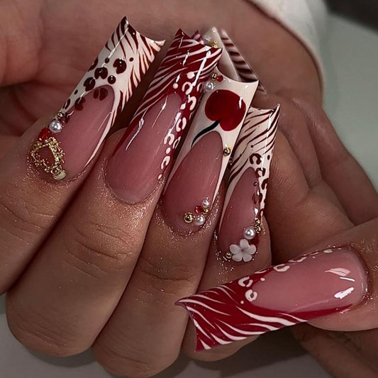 Long Square Press on Nails Fake Nails Artificial Nail Stick on Nail for Women, Red Cherry Design on Nude Pink with Pearl and Gold Accents