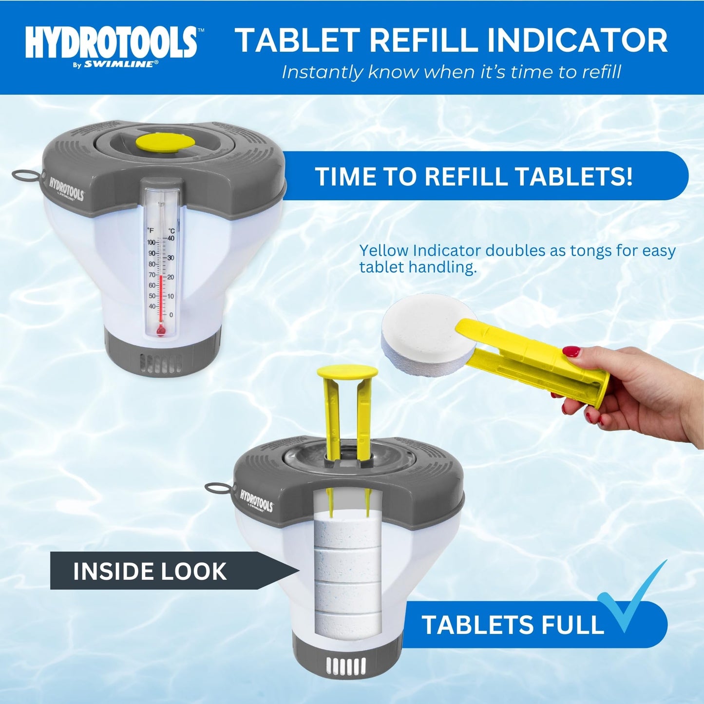SWIMLINE HYDROTOOLS Smart Chlorine Floater Dispenser for Above Ground & Inground Pools Spas W/Thermometer | Tablet Refill Indicator & Tongs | Large Adjustable Floating 3-Inch Chlorine Bromine Tabs