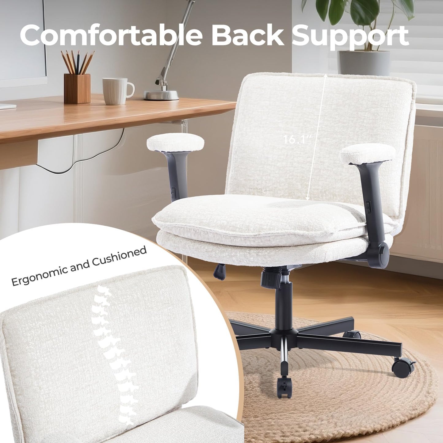 Morkprism Criss Cross Chair with Flip-Up Arms and Lockable Wheels, Plush Fabric Cross Legged Office Desk Chair，Wider 125°Tilting Adjustable Swivel Chai r for Home, Apartment, Bedroom,Pearl White