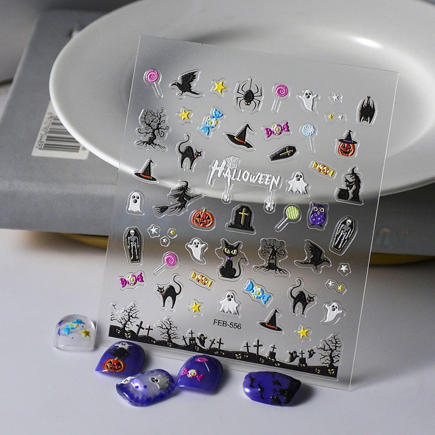Halloween Nail Art Stickers 5D Embossed Cat Ghost Nail Stickers Witch Monster Candy Pumpkin Spider Star Nail Decals for Women Girls Holiday Manicure DIY Nail Supplies