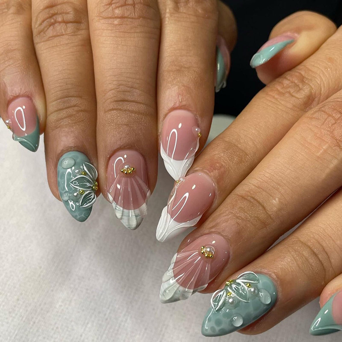 IMSOHOT Medium Press on Nails Almond Fake Nails White French Tips False Nails Full Cover Green Glossy Glue on Nails Gel Handmade Acrylic Nail Supplies for Women Girls Manicure Decoration
