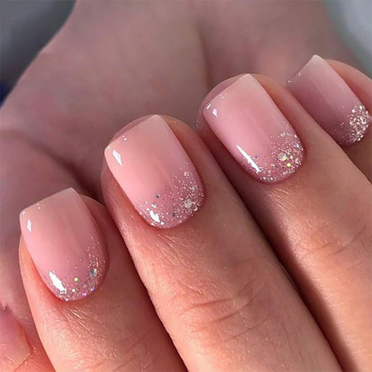 Mivota Square Press On Nails Short – Nude Pink Glitter Acrylic Fake Nails, 24PCS Glossy Thick False Nails Kit, Durable Reusable Stick On Nails with Glue & Tools for Women, DIY Salon Manicure