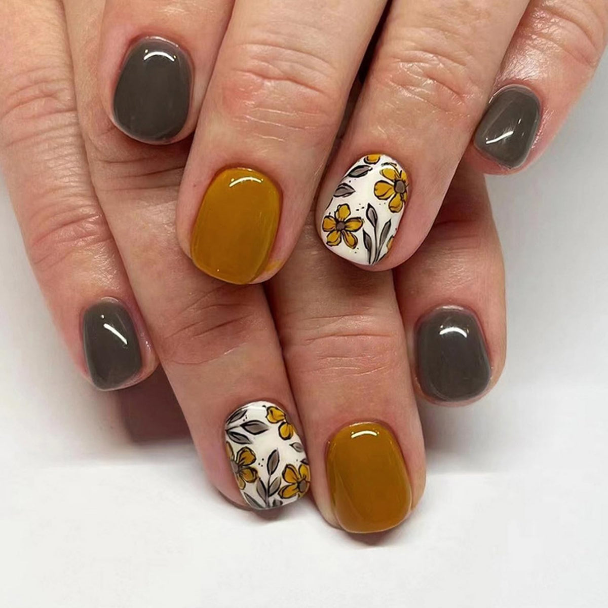 Fall Press on Nails Short Square Fake Nails with Floral Designs Glossy Glue on Nails Full Cover Yellow Nails Press ons Grey Acrylic Nails Fall Artificial Stick on Nails for Women Girls Manicure24Pcs