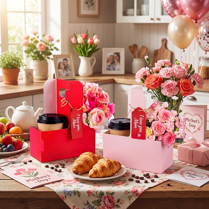 MotiMind 50 Pack Mother's Day 2 Cup Drink Carrier with Handle, Kraft Paperboard Teacher Cup Holder Portable for Hot Cold Drinks, Coffee Carrier Gift with Heart Card Rope (Red,Pink)