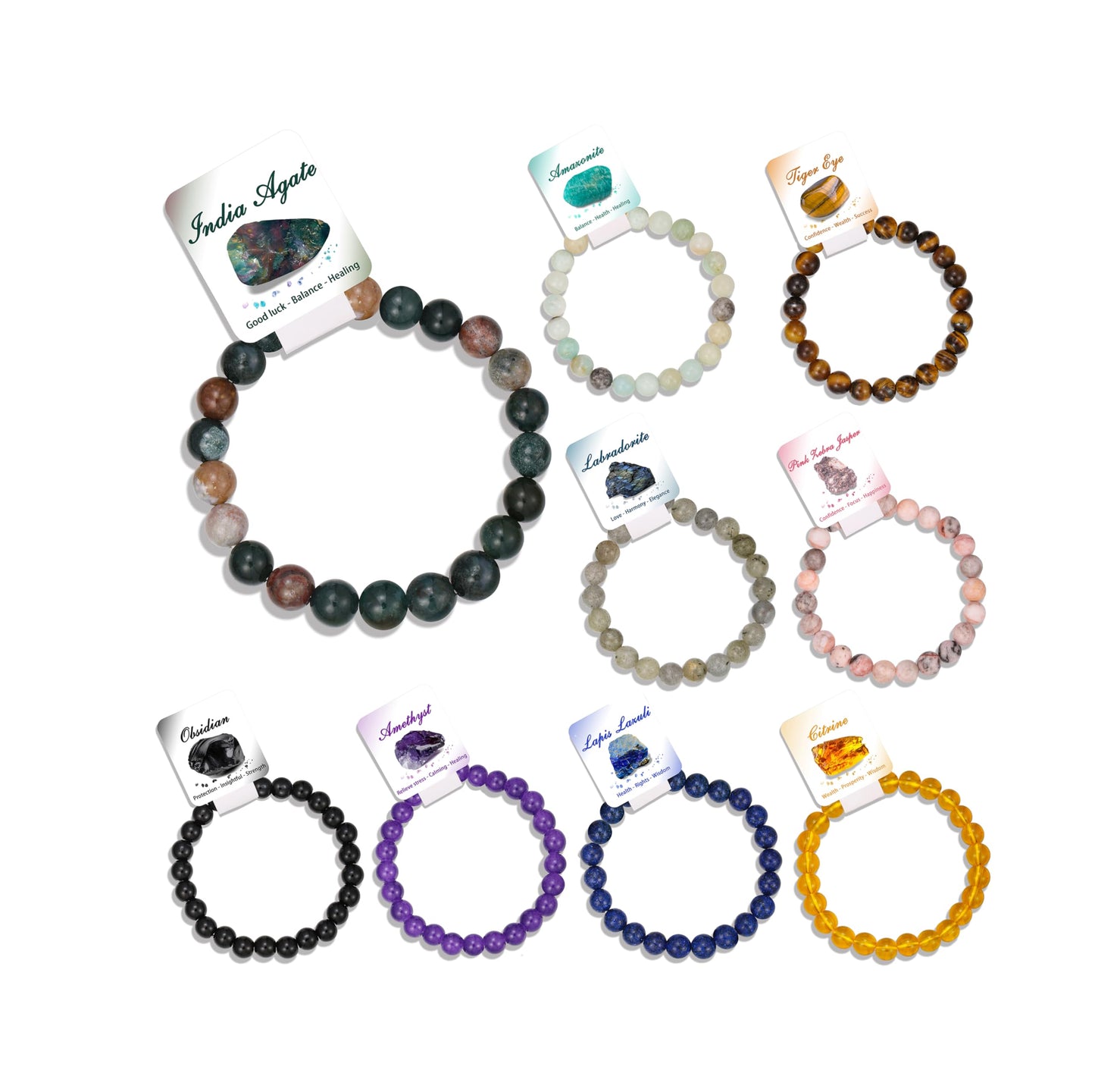 BOMAIL 9Pcs Healing Crystal Bracelets for Women Men 4mm 6mm 8mm Natural Stone Beaded Stretch Bracelet Set Handmade Gemstone Reiki Spiritual Jewelry Gifts