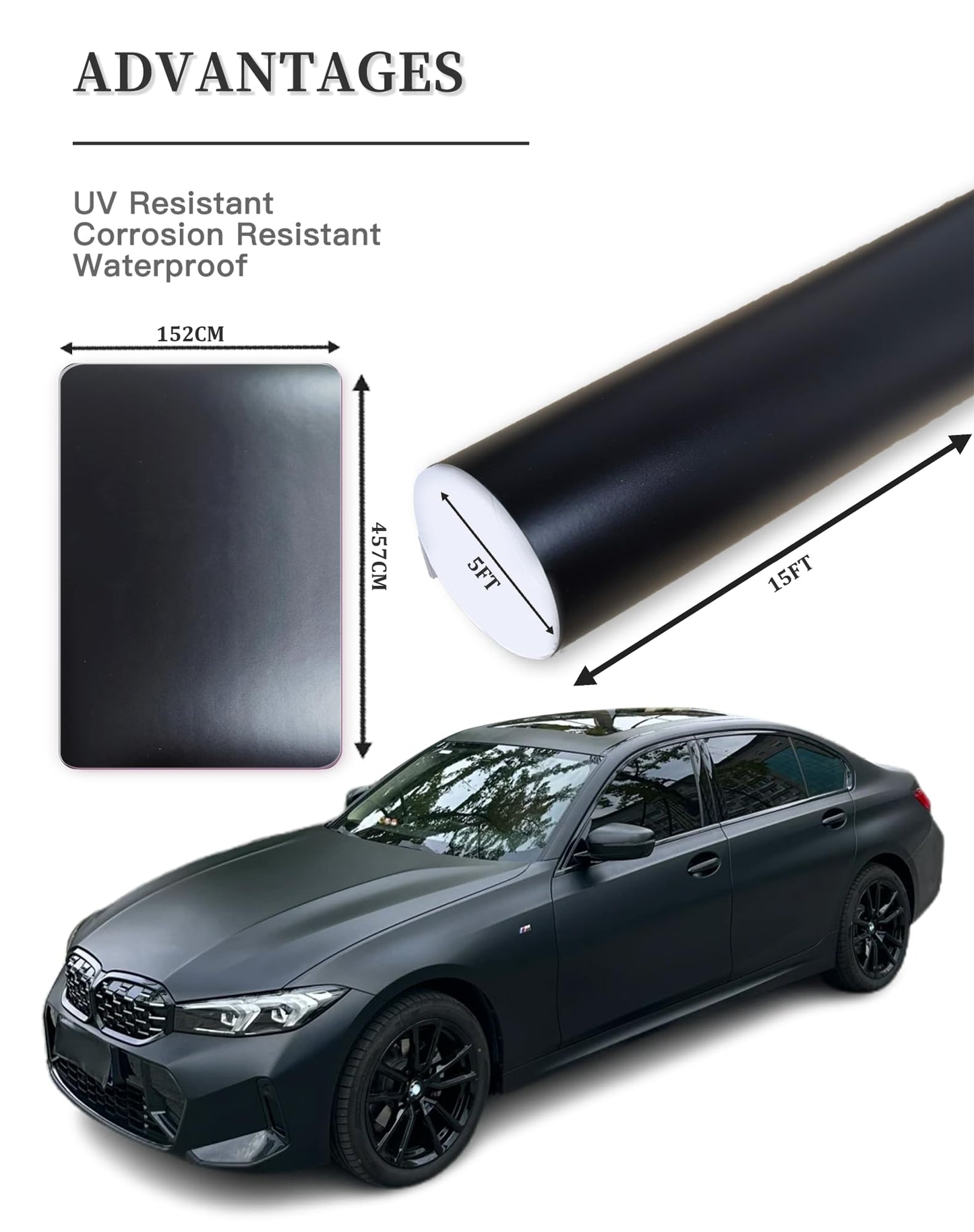 XINXINVibe Matte Black Vinyl Wrap Film for Cars, 15ft x 5ft Automotive Wrapping Film Roll for Car Body Protection, Scratch Resistance with Air Release Technology (Matte Black)