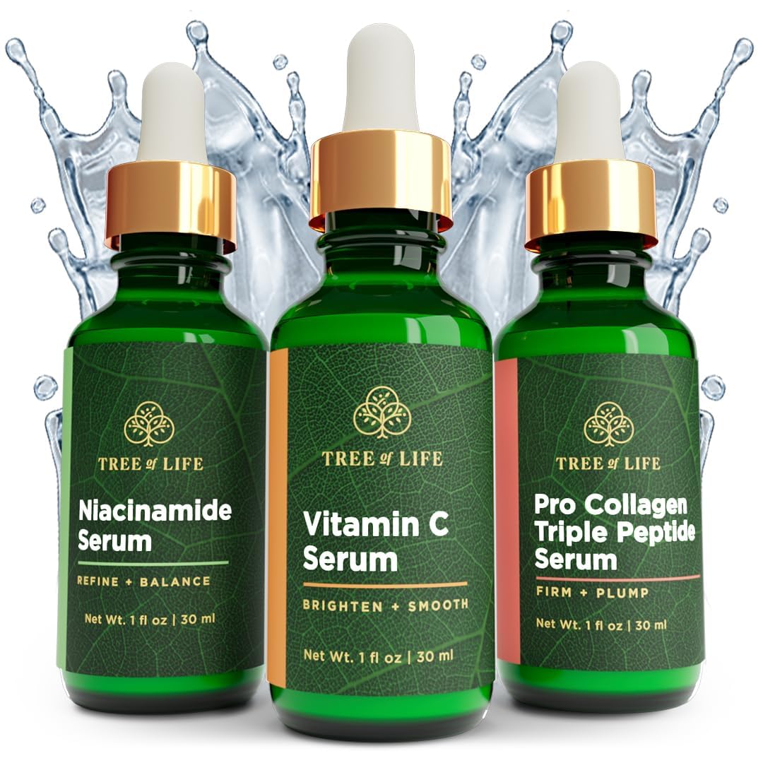 Tree of Life Beauty Skin Care Set, Brightening, Firming, Dry Face, Dermatologist Tested - Complete Hydration Trio, Vitamin C Serum, Niacinamide, Pro Collagen Peptide, 3 count of 1Fl oz