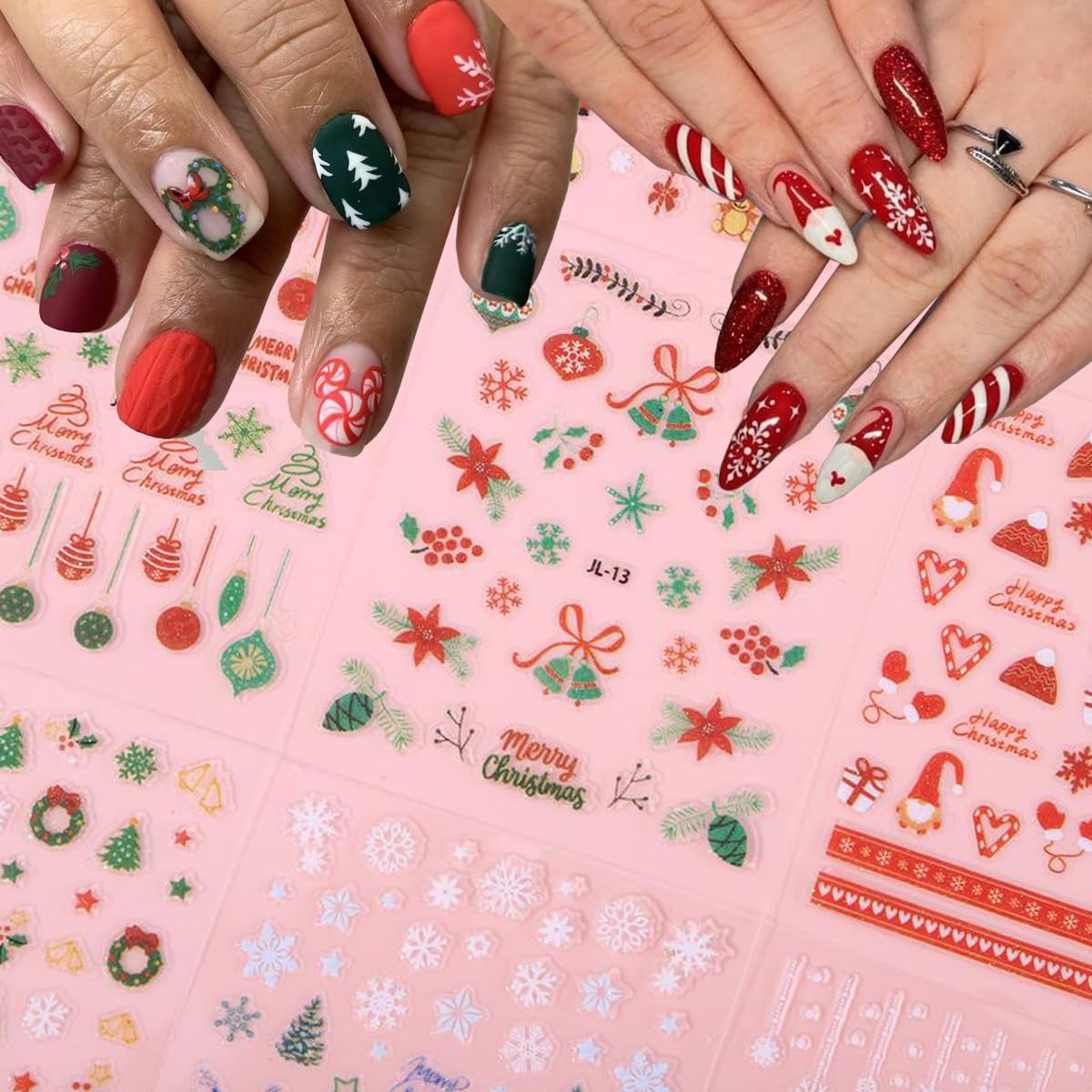 30Pcs/Set Glitter Christmas Nail Sticker 3D Self- Adhesive Nail Decals with Cute Penguin Deer Snowman Snowflake Elk Santa Claus Design Xmas Nail Art Stickers for Women Winter Holiday Nail Decorations