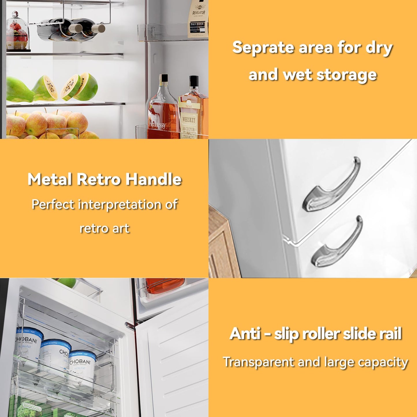 magictec Retro fridge Vintage refrigerator with freezer | Frost free | 11 Cubic feet | 74 Inch | Bottom Mount Fridge for Apartment,Condo,House,Kitchen