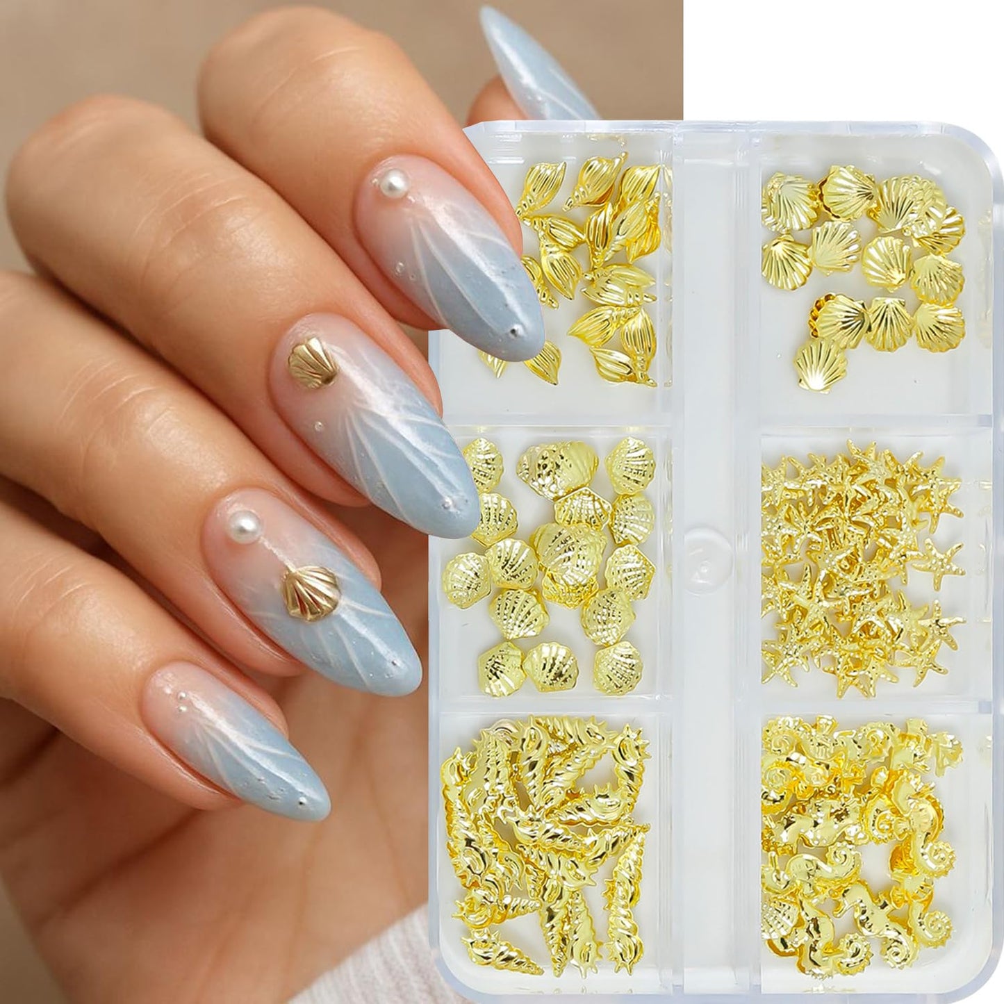 6 Grids Summer Ocean Nail Charms and Gems Marine Life Designs Nail Art Charms 3D Gold Starfish Seashell Nail Rhinestones Cute Conchs Seahorse Nail Jewelry Summer Beach Nails Decoration for Women