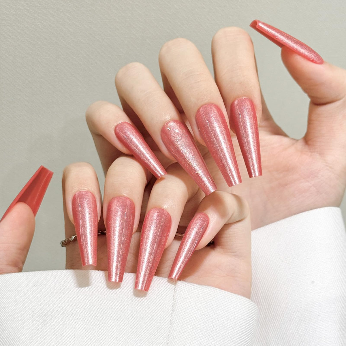 Red Cat Eyes Press On Nails,12 Sizes - 24 Pcs Soft Gel Red Long Coffin Fake Nails Kit with Nail Glue, Natural Reusable Stick On False Nails for Women and Girls SK1054