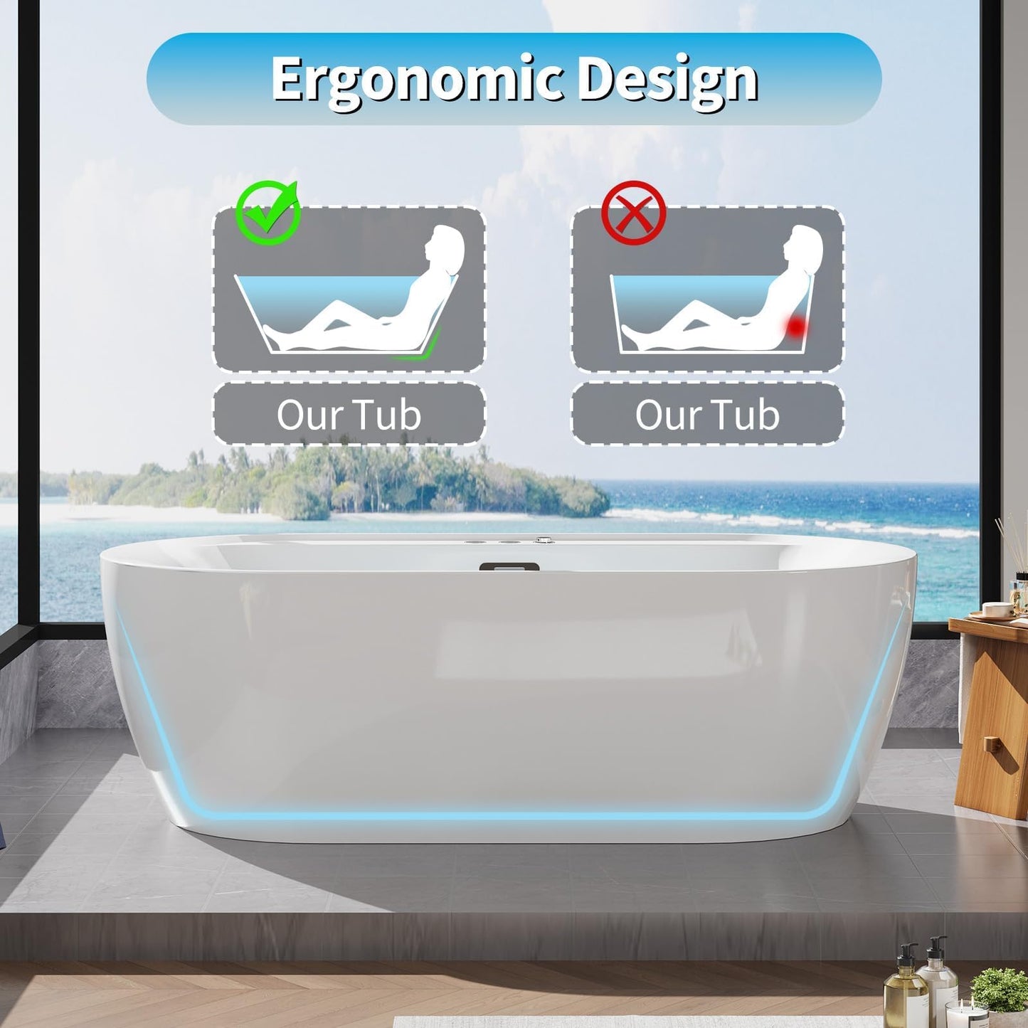 71 Inch Freestanding Acrylic Bathtub Soaking Tub with Adjustable Jets for Tub, Deep Ergonomic Bathtub, Water Jetted Air Bubble and Heated Combination Tub Bathtubs, CUPC Certified, Matte Drain, Gloss