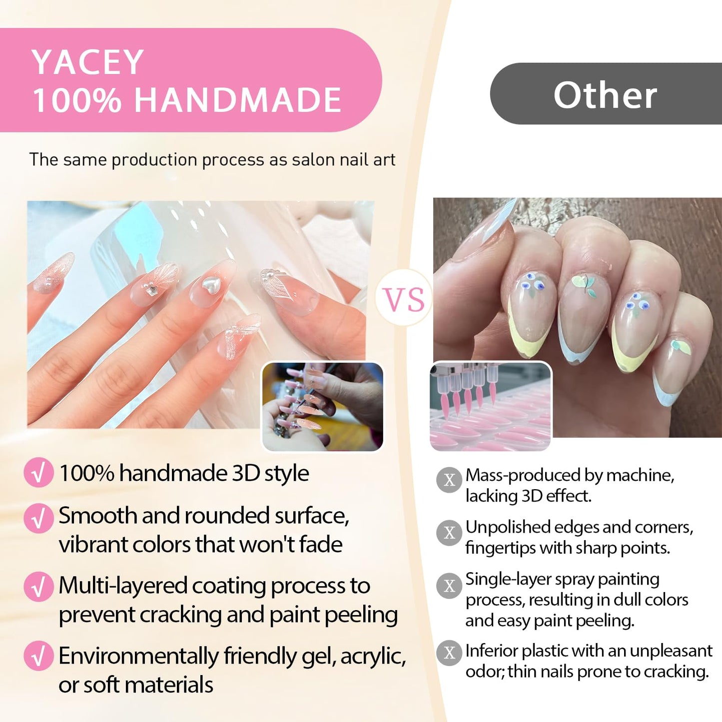 Yacey Handmade Press on Nails Short Almond, Reusable False Nails Press Ons, Red French Tip Thick Acrylic Fake Nails, Gothic 3D Cross Artificial Bling Glossy Glue on Nails for Women Girls (10 Pcs, M)